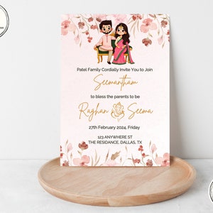 Pink Sreemantham Invite Digital Template, Editable Indian Baby Shower Invite, Digital Seemantham Invitation, Valaikappu, Godh Bharai Card