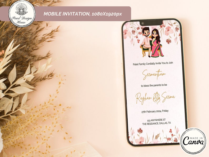 Pink Sreemantham Invite Digital Template, Editable Indian Baby Shower Invite, Digital Seemantham Invitation, Valaikappu, Godh Bharai Card