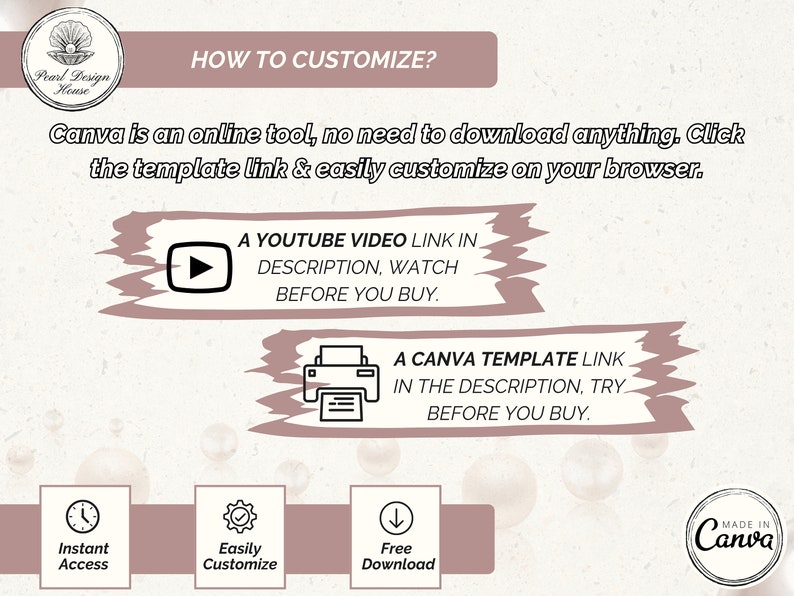 May include: A pink and white graphic with the text "HOW TO CUSTOMIZE?" and instructions on how to customize a Canva template. The graphic also includes icons for instant access, easy customization, and free download. The text "MADE IN CANVA" is also included.