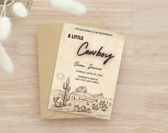 Inbjudan till cowboy-babyshower, digital liten cowboy-babyshowerinbjudan, mall för western-babyshower, utskrivbart kort, cowboytema