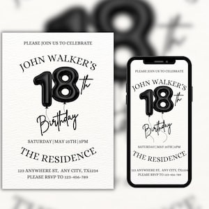 Faire-part 18e anniversaire, modèle d'invitation 18e anniversaire modifiable pour homme et femme, carte d'invitation numérique fête d'anniversaire 18 ans