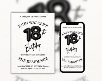 18th Birthday invitation, Editable 18th Birthday Invite Template for Man & Women, Digital 18 Birthday Party Invitation Card