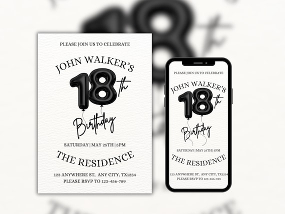 18th Birthday invitation, Editable 18th Birthday Invite Template for Man & Women, Digital 18 Birthday Party Invitation Card
