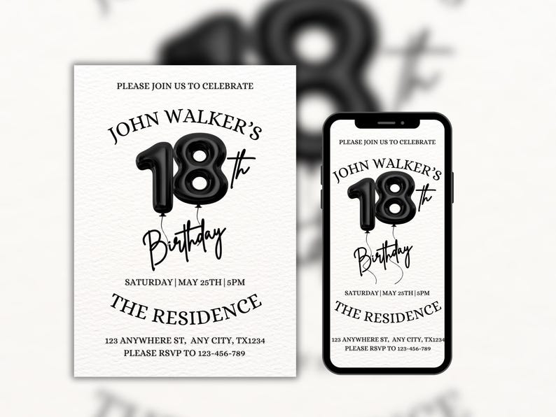 18th Birthday invitation, Editable 18th Birthday Invite Template for Man & Women, Digital 18 Birthday Party Invitation Card
