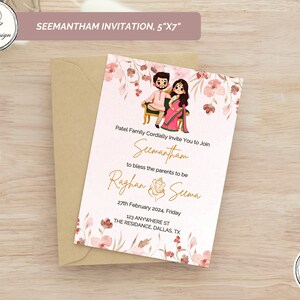 Pink Sreemantham Invite Digital Template, Editable Indian Baby Shower Invite, Digital Seemantham Invitation, Valaikappu, Godh Bharai Card