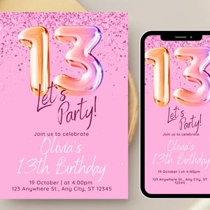 Convite para 13º aniversário, Modelo de convite para 13º aniversário para menina, Cartão de convite digital para festa de 13 anos, Convite para 13º aniversário