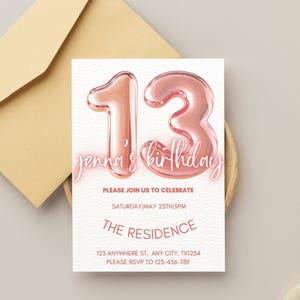 Convite de aniversário de 13 anos, modelo de convite de aniversário de 13 anos para menina, cartão de convite digital para festa de aniversário de 13 anos, convite de aniversário de treze anos