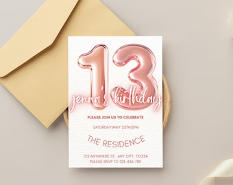 13th Birthday invitation, 13th Birthday Invitation Template for Girl, Digital 13 Birthday Party Invitation Card, Thirteen Birthday Invite