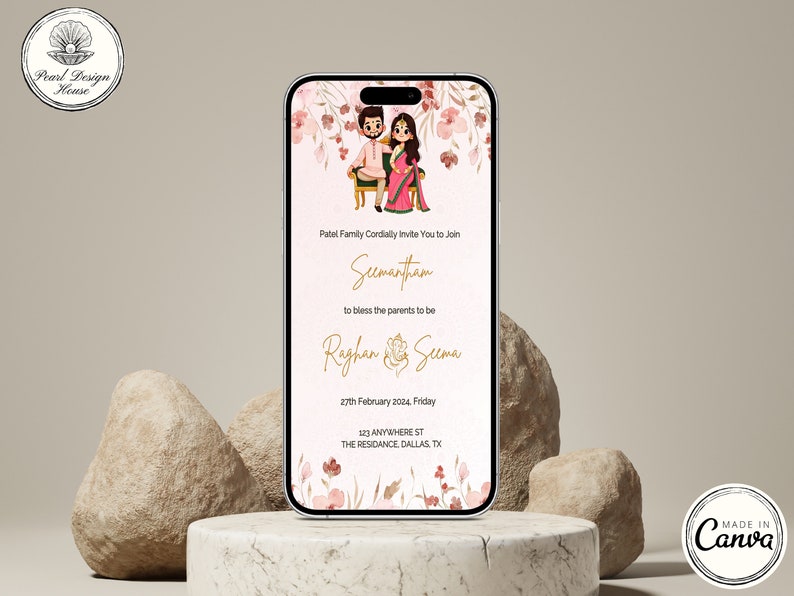 Pink Sreemantham Invite Digital Template, Editable Indian Baby Shower Invite, Digital Seemantham Invitation, Valaikappu, Godh Bharai Card