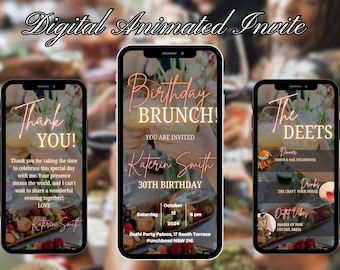 Inbjudan till födelsedagsbrunch, digital festbrunchinbjudan, animerad brunchinbjudan, mall för födelsedagsinbjudan, blommig brunchinbjudan