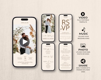 Plantilla de vídeo de invitación de boda con champán, invitación de boda animada editable en Canva con confirmación de asistencia, agregue sus propias fotos y música