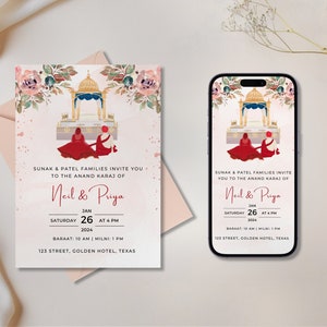 赤いシーク教の結婚式招待状、編集可能なパンジャブ語の結婚式招待状、シーク教の日付保存テンプレート、デジタルアナンドカラジ招待状、印刷可能なカード