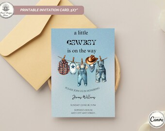 Inbjudan till cowboy-babyshower, digital liten cowboy-babyshowerinbjudan, mall för western-babyshower, utskrivbart kort, cowboytema
