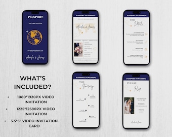 May include: A set of five digital wedding invitations with a passport theme. The invitations are in a blue and gold color scheme and feature a globe, airplane, and other travel-related icons. The text on the invitations includes "Passport to Wedding", "The Details", "The Itinerary", "Please RSVP", and "Amela & James".