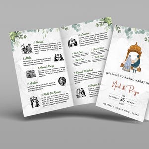 Puede incluir: Una invitaci&oacute;n de boda con un fondo de acuarela y detalles florales. La invitaci&oacute;n presenta los nombres "Neil & Priya" y la fecha "26 de enero de 2024" en una fuente roja y negrita. La invitaci&oacute;n tambi&eacute;n incluye el texto "Bienvenido a Anand Karaj de" y la ubicaci&oacute;n "123 Street, Golden Hotel, Texas".