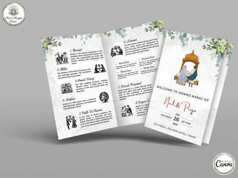Puede incluir: Una invitaci&oacute;n de boda con un fondo de acuarela y detalles florales. La invitaci&oacute;n presenta los nombres "Neil & Priya" y la fecha "26 de enero de 2024" en una fuente roja y negrita. La invitaci&oacute;n tambi&eacute;n incluye el texto "Bienvenido a Anand Karaj de" y la ubicaci&oacute;n "123 Street, Golden Hotel, Texas".