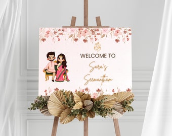 Pink Sreemantham Welcome Sign Template, Editable Indian Baby Shower Welcome Poster, Digital Seemantham Sign, Valaikappu, Godh Bharai
