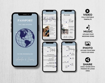 May include: A digital wedding invitation template displayed on a smartphone. The design features a world map graphic, the names "Amelia & James", and various sections for details, RSVP, and itinerary. Additional icons offer video, music, photo, and sharing options.