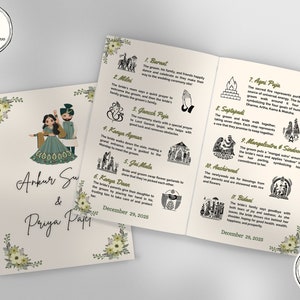 Programa de casamento hindu, guia de cerimônia de casamento gujarati, infográfico editável de casamento indiano, modelo digital e editável