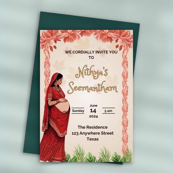 Seemantham Digital Invite, Sreemantham Invitation Template, Valaikappu Editable Evite, Indian Baby Shower Godh Bharai Printable Card