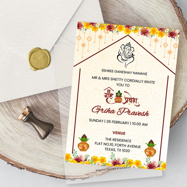 Indian Housewarming Invitation, Hindu House Warming Invite, Editable Griha Pravesh Evite Template, Animated Video, Printable Card