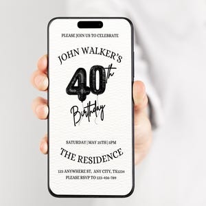 Convite de aniversário de 40 anos para homens, modelo editável de convite de aniversário de 40 anos para homens e mulheres, cartão digital de convite de festa de 40 anos