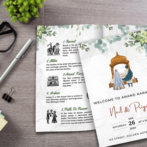 Puede incluir: Un programa de ceremonia de boda con un dise&ntilde;o floral verde y blanco. El programa enumera los diferentes eventos de la ceremonia, incluyendo el Baraat, el Milni, el Anand Karaj, el Ardas y el Palle Di Rasam. El programa tambi&eacute;n incluye los nombres de la novia y el novio, Neil & Priya, y la fecha y hora de la ceremonia, s&aacute;bado 26 de enero de 2024, a las 4 PM. El programa es para una boda en el Golden Hotel, 123 Street.
