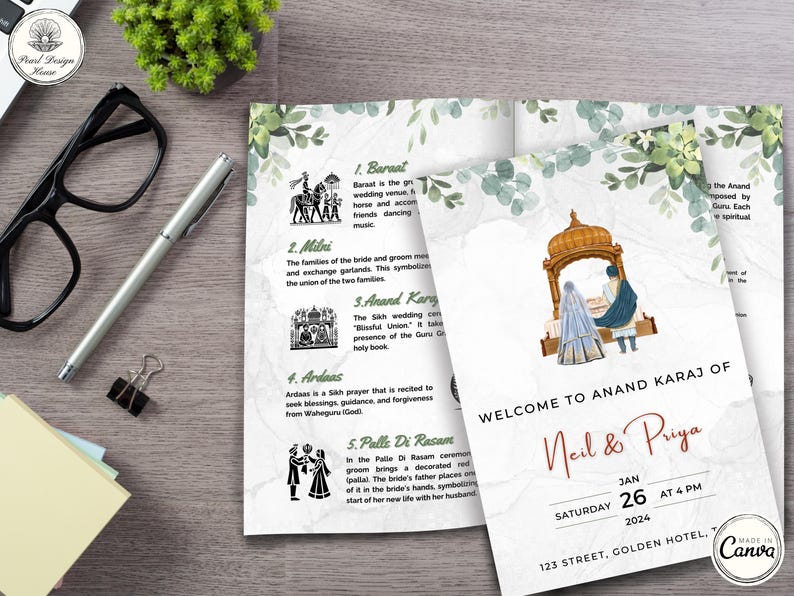 Puede incluir: Un programa de ceremonia de boda con un dise&ntilde;o floral verde y blanco. El programa enumera los diferentes eventos de la ceremonia, incluyendo el Baraat, el Milni, el Anand Karaj, el Ardas y el Palle Di Rasam. El programa tambi&eacute;n incluye los nombres de la novia y el novio, Neil & Priya, y la fecha y hora de la ceremonia, s&aacute;bado 26 de enero de 2024, a las 4 PM. El programa es para una boda en el Golden Hotel, 123 Street.