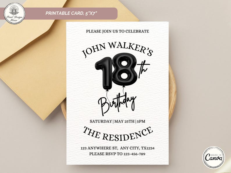 18th Birthday invitation, Editable 18th Birthday Invite Template for Man & Women, Digital 18 Birthday Party Invitation Card