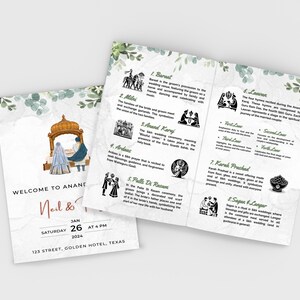 Puede incluir: Una invitaci&oacute;n de boda con un dise&ntilde;o de acuarela que presenta a una pareja con atuendos tradicionales indios. La invitaci&oacute;n incluye el texto "Bienvenido a Anand Karaj" y los nombres "Neil & [Name]" con la fecha y la hora de la boda. La invitaci&oacute;n tambi&eacute;n incluye una lista de las diferentes ceremonias que tendr&aacute;n lugar durante la boda.