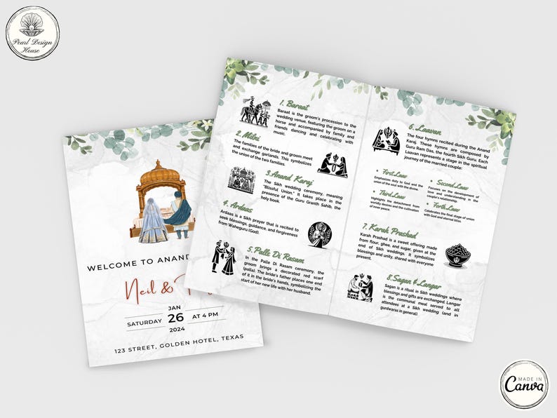 Puede incluir: Una invitaci&oacute;n de boda con un dise&ntilde;o de acuarela que presenta a una pareja con atuendos tradicionales indios. La invitaci&oacute;n incluye el texto "Bienvenido a Anand Karaj" y los nombres "Neil & [Name]" con la fecha y la hora de la boda. La invitaci&oacute;n tambi&eacute;n incluye una lista de las diferentes ceremonias que tendr&aacute;n lugar durante la boda.