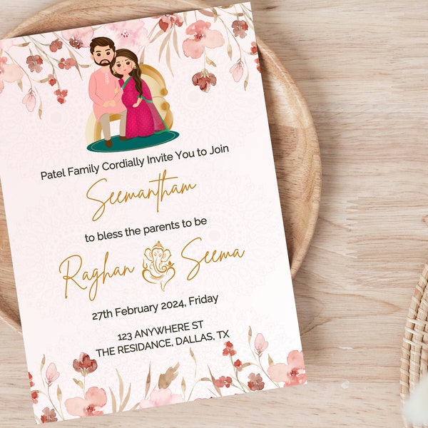 Pink Sreemantham Invite Digital Template, Editable Indian Baby Shower Invite, Digital Seemantham Invitation, Valaikappu, Godh Bharai Card