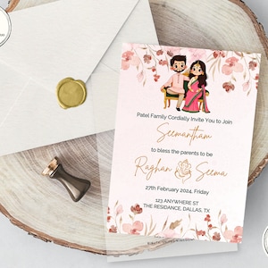 Modèle numérique d'invitation rose Seemantham, Invitation de baby shower indienne modifiable, Invitation numérique Sreemantham, carte Canva Valaikappu