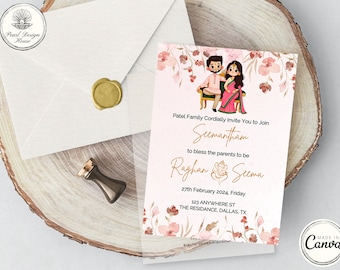 Pink Seemantham Invite Digital Template, Editable Indian Baby Shower Invitation, Digital Sreemantham Invitation, Canva Valaikappu Card