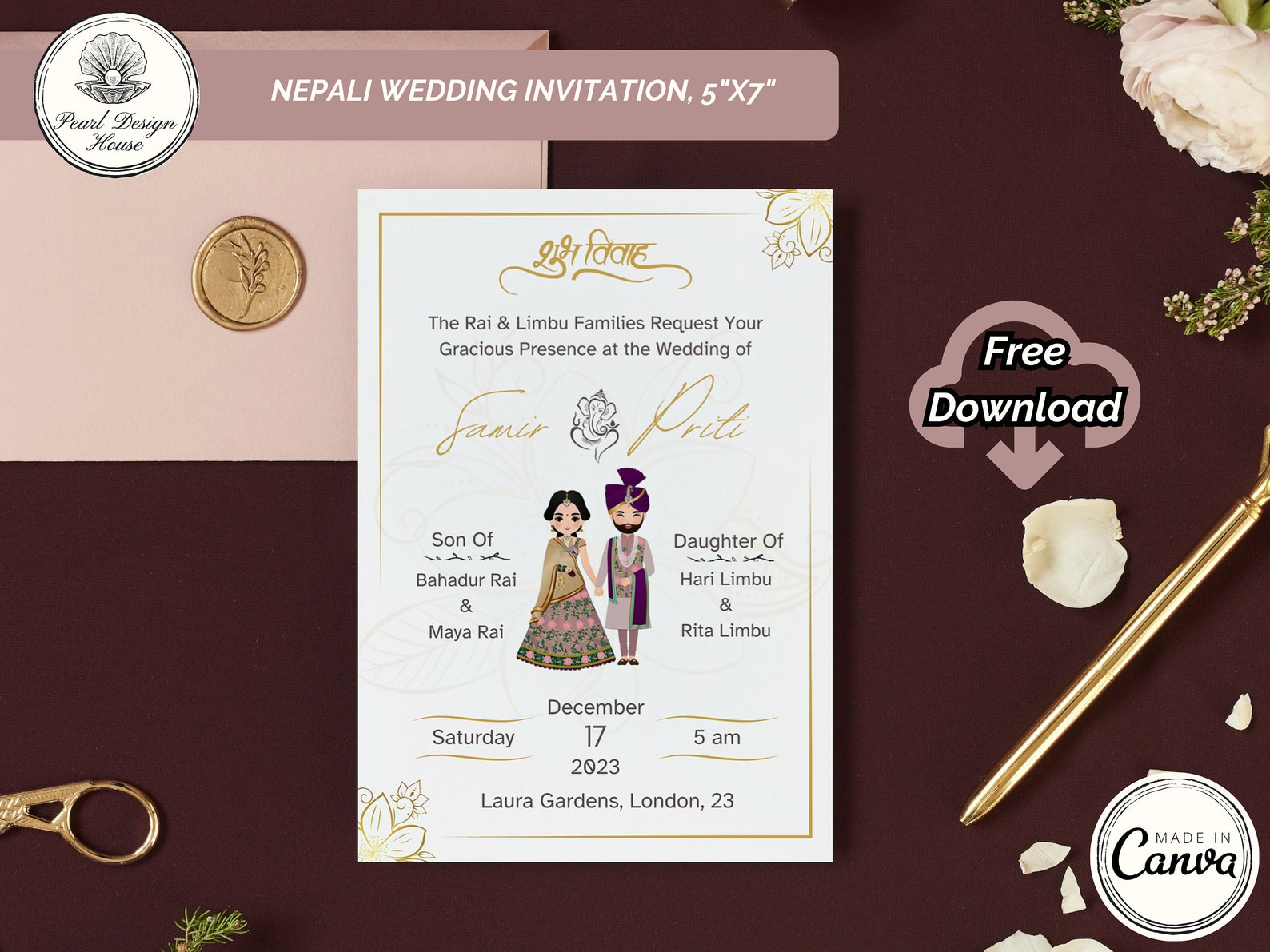 Nepali Wedding Invitation Digital, Editable Card Template, Electronic