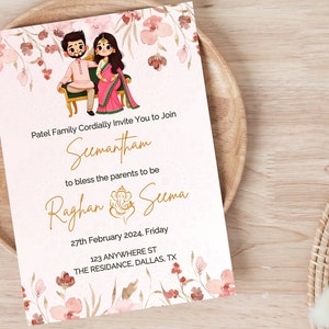 Rosa Sreemantham laden digitale Vorlage ein, bearbeitbare indische Babyparty einladen, digitale Seemanthameinladung, Valaikappu, Godh Bharai Karte
