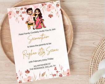 Pink Sreemantham Invite Digital Template, Editable Indian Baby Shower Invite, Digital Seemantham Invitation, Valaikappu, Godh Bharai Card