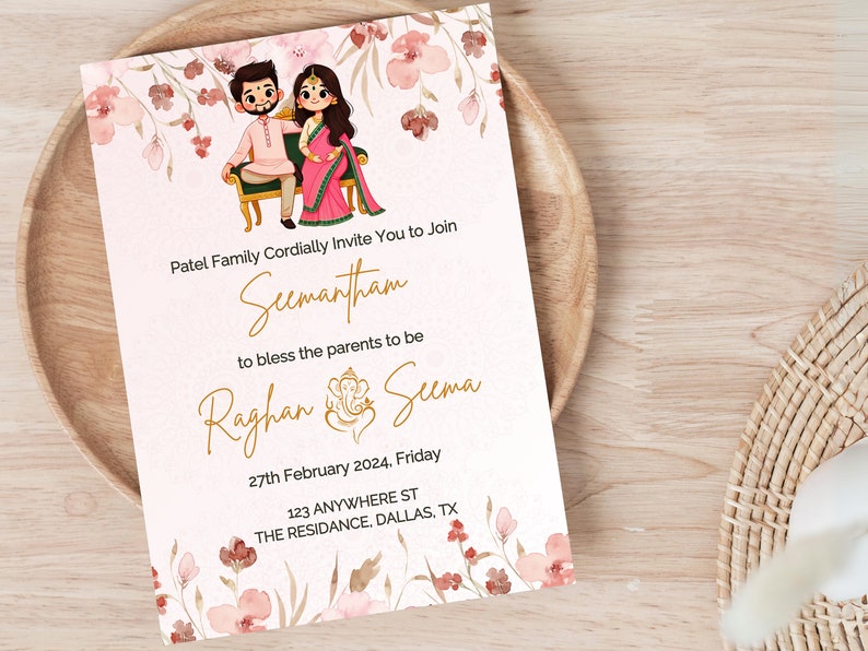 Pink Sreemantham Invite Digital Template, Editable Indian Baby Shower Invite, Digital Seemantham Invitation, Valaikappu, Godh Bharai Card