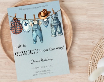 Cowboy Baby Shower Invitation, Digital Little Cowboy Baby Shower Invite, Western Baby Shower Template, Printable Card, Cowboy Theme