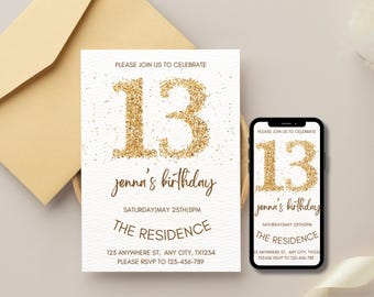 13th Birthday invitation, 13th Birthday Invitation Template for Girl, Digital 13 Birthday Party Invitation Card, Thirteen Birthday Invite
