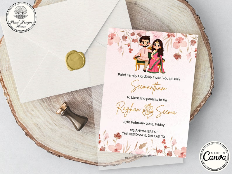 Pink Sreemantham Invite Digital Template, Editable Indian Baby Shower Invite, Digital Seemantham Invitation, Valaikappu, Godh Bharai Card
