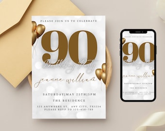 90th Birthday Invitation, 90th Birthday Invite Card Template for Man & Women, Digital 90 Birthday Party Invitation with Photo, Editable
