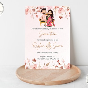 Modèle numérique rose Seemantham Invitatiton, invitation de baby shower indienne modifiable, invitation numérique Sreemantham, Valaikappu, carte Godh Bharai