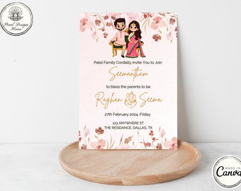Pink Seemantham Invitatiton Digital Template, Editable Indian Baby Shower Invite, Digital Sreemantham Invite, Valaikappu, Godh Bharai Card