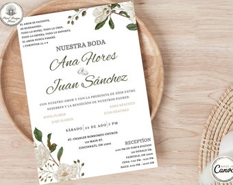 May include: Wedding invitation with white flowers and green leaves. The invitation is for Ana Flores and Juan Sánchez. The wedding will be held on Saturday, August 23rd at 2:00 PM at St. Charles Borromeo Church in Cincinnati, Ohio. The reception will be held at Tort's Station in Fairfield, Ohio.