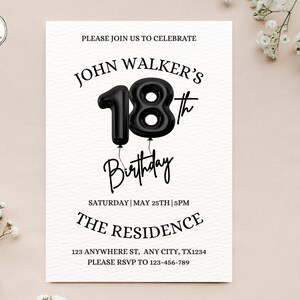 18th Birthday invitation, Editable 18th Birthday Invite Template for Man & Women, Digital 18 Birthday Party Invitation Card