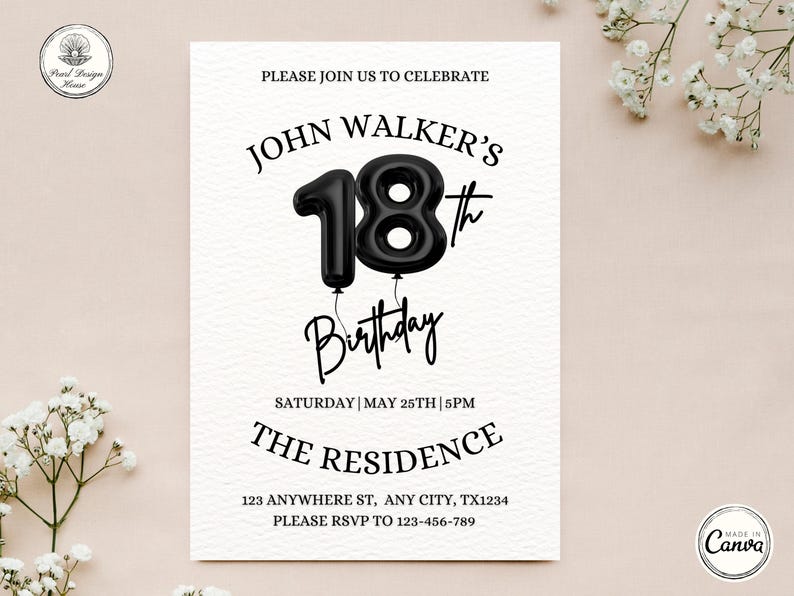 18th Birthday invitation, Editable 18th Birthday Invite Template for Man & Women, Digital 18 Birthday Party Invitation Card