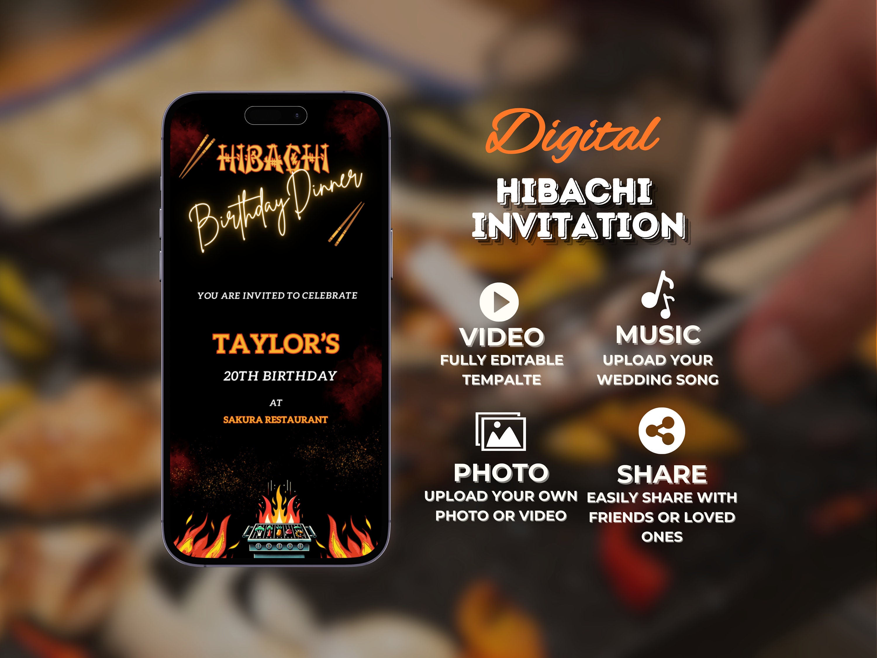 Video di invito Hibachi digitale, invito alla cena di compleanno Hibachi mobile, invito alla festa Hibachi, modello di invito Habachi giapponese