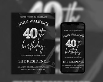 40th Birthday Invitation for Men, Editable 40th Birthday Invite Template for Men & Women, Digital 40 Birthday Party Invitation Card