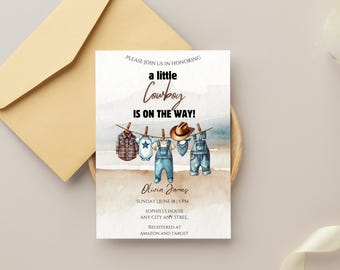 Cowboy Baby Shower Invitation, Digital Little Cowboy Baby Shower Invite, Western Baby Shower Template, Printable Card, Cowboy Theme